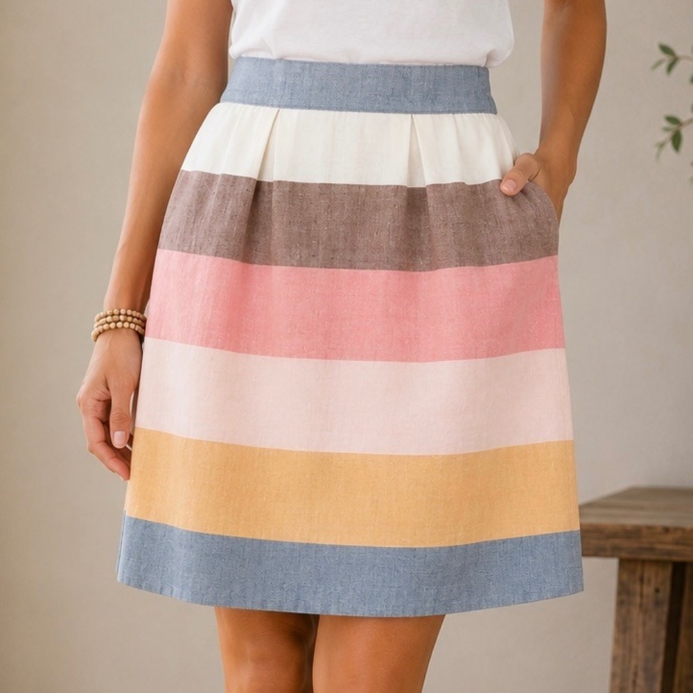Ann Taylor LOFT Striped Linen Blend Mini Skirt Multi Color Pockets Small